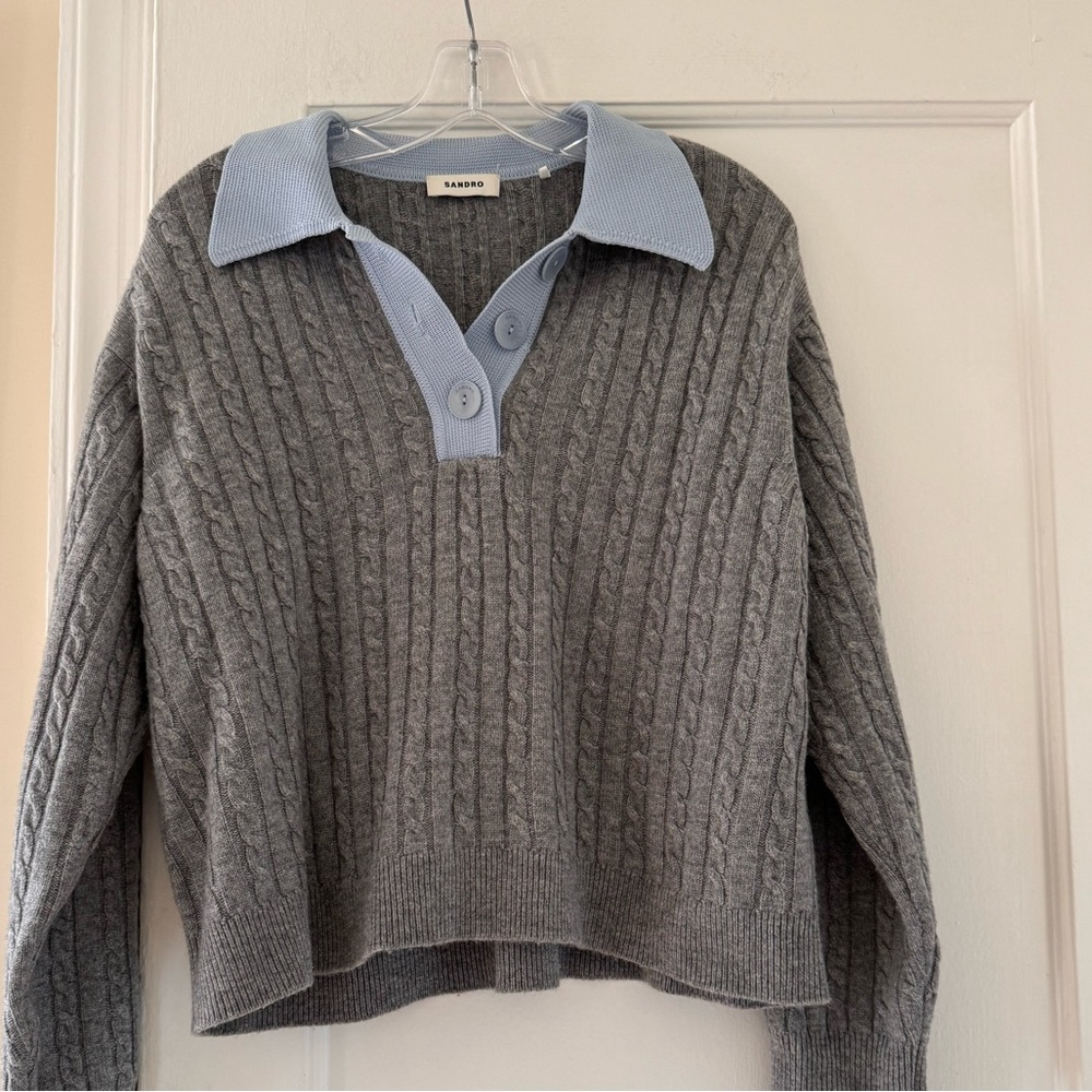 Sandro Gray Cable Knit Sweater with Blue Collar